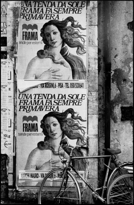 Framed Print : Posters on wall with bicycle, Pisa, Italy Framed Print : Posters on wall with bicycle, Pisa, Italy