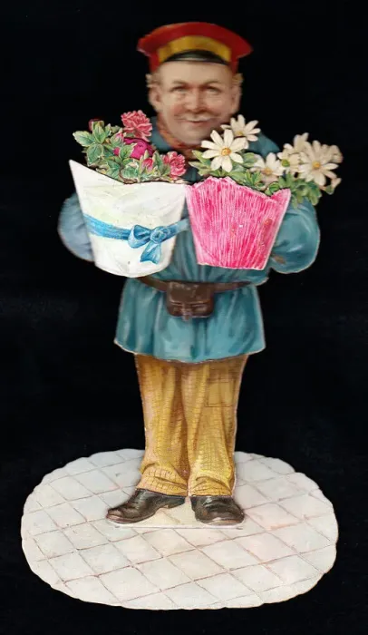 Framed Print : Postman delivering flowers on a Victorian greetings card Framed Print : Postman delivering flowers on a Victorian greetings card