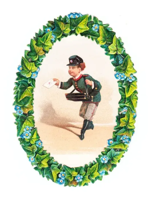 Framed Print : Postman delivering a letter on a Victorian scrap Framed Print : Postman delivering a letter on a Victorian scrap