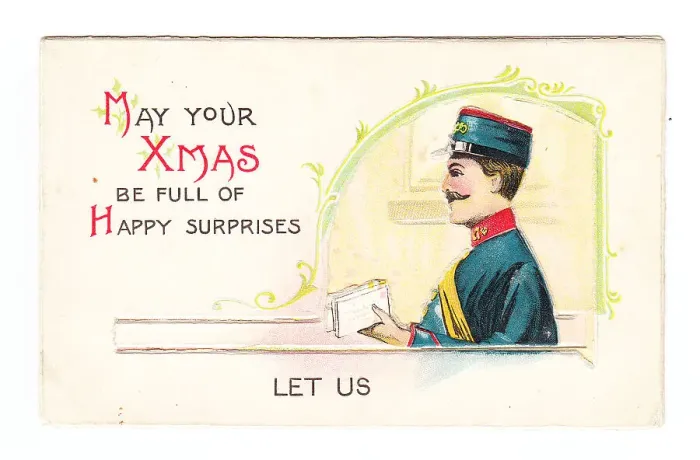 Framed Print : Postman with letters on a Christmas card Framed Print : Postman with letters on a Christmas card