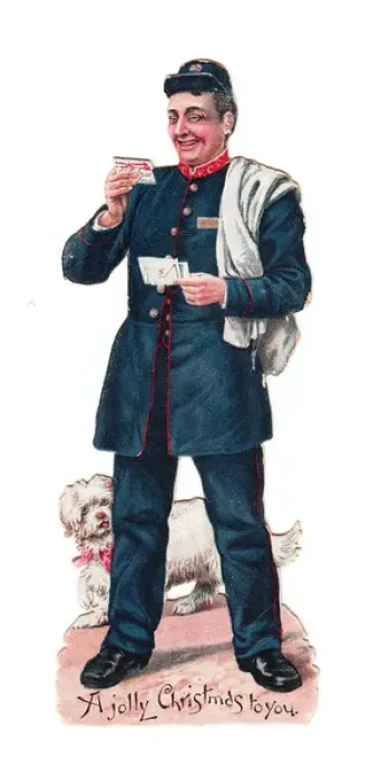 Framed Print : Postman with letters on a Victorian Christmas card Framed Print : Postman with letters on a Victorian Christmas card