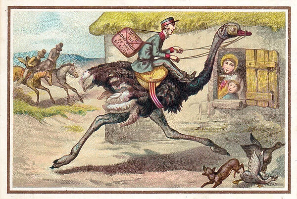 Postman riding on an ostrich on a Christmas card
