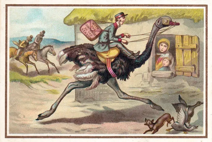 Framed Print : Postman riding on an ostrich on a Christmas card Framed Print : Postman riding on an ostrich on a Christmas card
