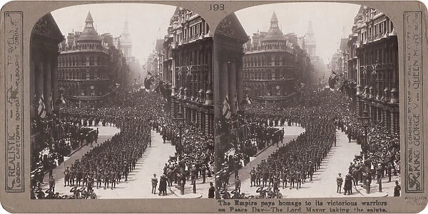 Postwar celebration with marching troops, City of London