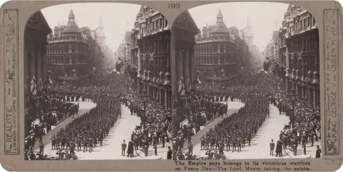 Framed Print : Postwar celebration with marching troops, City of London Framed Print : Postwar celebration with marching troops, City of London