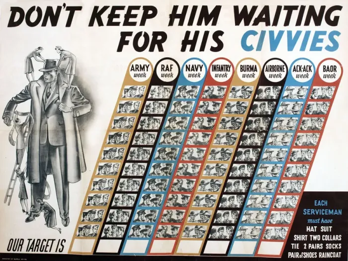 Framed Print : Postwar poster, Don t keep him waiting for his civvies Framed Print : Postwar poster, Don t keep him waiting for his civvies