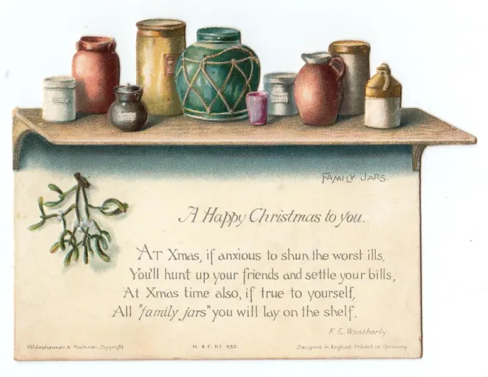 Framed Print : Pots and jars on a shelf on a cutout Christmas card Framed Print : Pots and jars on a shelf on a cutout Christmas card