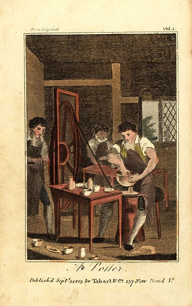 Potter making a clay vessel on a wheel driven