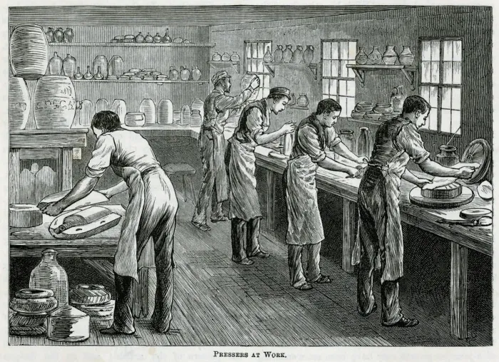 Framed Print : Pottey - Pressers at work 1880s Framed Print : Pottey - Pressers at work 1880s