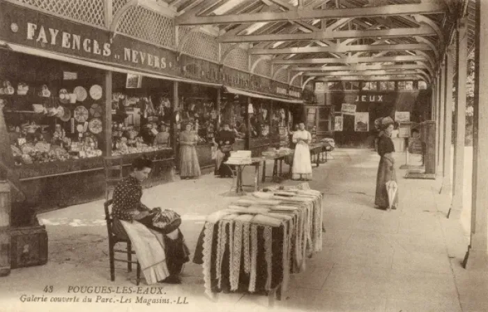 Framed Print : Pouges-Les-Eaux - Shops in the Covered Gallery Framed Print : Pouges-Les-Eaux - Shops in the Covered Gallery