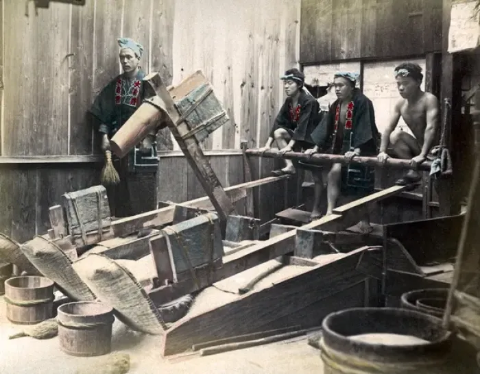 Framed Print : Pounding rice, Japan, circa 1880s Framed Print : Pounding rice, Japan, circa 1880s