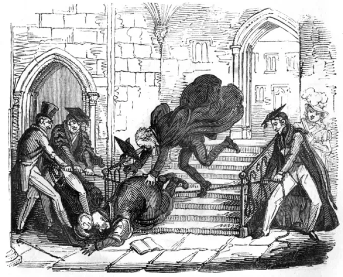 Framed Print : Practical joke in university town, c. 1820 Framed Print : Practical joke in university town, c. 1820