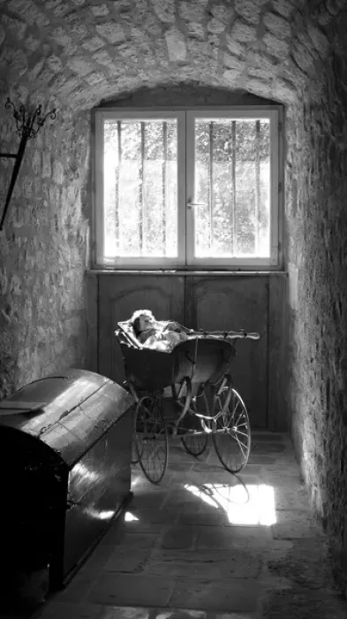 Framed Print : Pram in an antique gallery, France Framed Print : Pram in an antique gallery, France