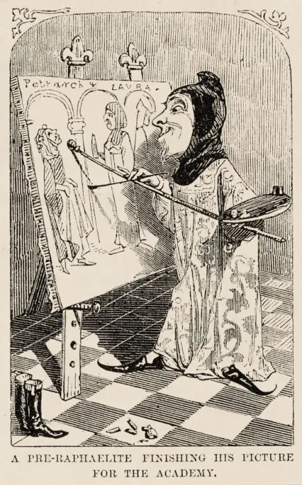 Framed Print : A Pre-Raphaelite finishing his picture for the Academy. Satirical cartoon featuring a Framed Print : A Pre-Raphaelite finishing his picture for the Academy. Satirical cartoon featuring a