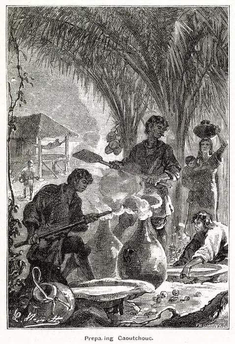 Framed Print : Preparing Caoutchouc, a natural rubber produced in Amazon region. From the beginning of the second half of the 19th century, rubber was desirable commodity, valued at a high price, and thought to create wealth and dividends. Date: 1881 Framed Print : Preparing Caoutchouc, a natural rubber produced in Amazon region. From the beginning of the second half of the 19th century, rubber was desirable commodity, valued at a high price, and thought to create wealth and dividends. Date: 1881