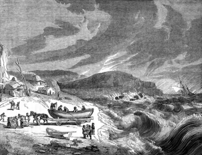 Framed Print : Preparing to launch a lifeboat, 1830s Framed Print : Preparing to launch a lifeboat, 1830s