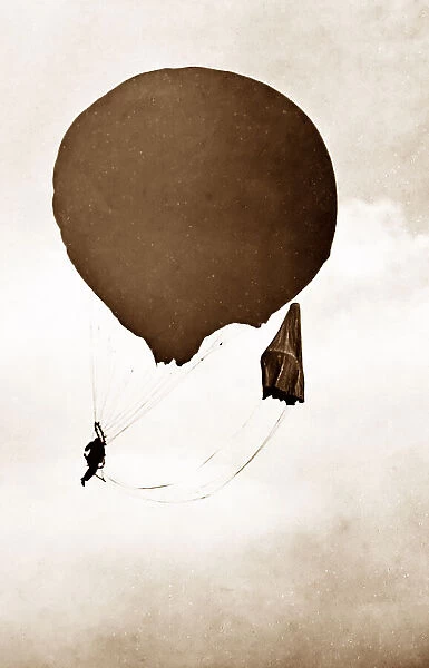 Preparing to parachute from a balloon, Victorian period
