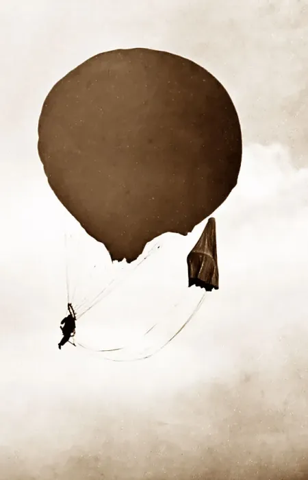 Framed Print : Preparing to parachute from a balloon, Victorian period Framed Print : Preparing to parachute from a balloon, Victorian period