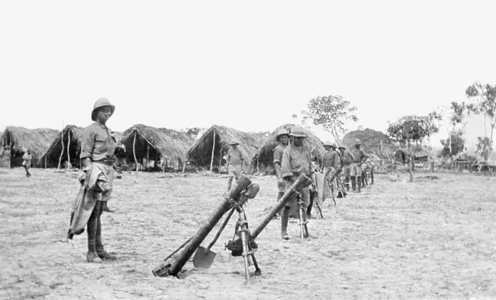 Framed Print : Preparing trench mortars, East Africa, WW1