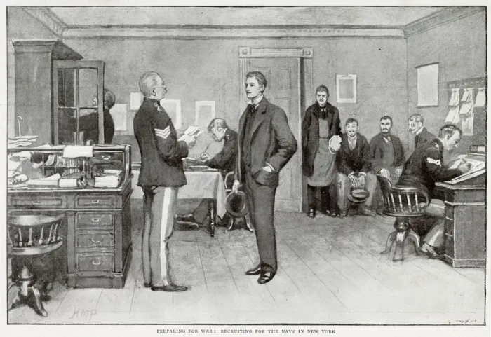 Framed Print : Preparing for the War: Recruiting for the Navy in New York. Date: 1898