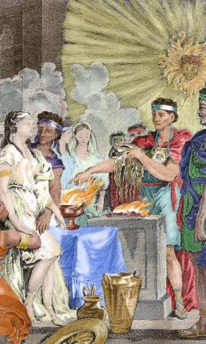 Framed Print : Presentation at the Inca temple of three virgins to be conse