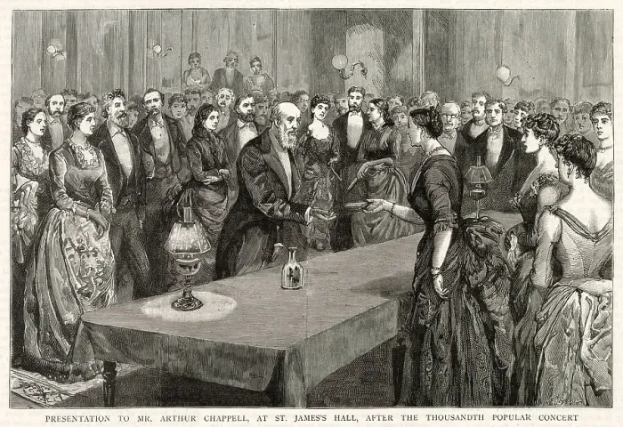 Framed Print : Presentation to Mr. S. Arthur Chappell, director of the St. James's Hall series of Popular Concerts, receiving a presentation after the thousandth Popular Concert. Date: 1887 Framed Print : Presentation to Mr. S. Arthur Chappell, director of the St. James's Hall series of Popular Concerts, receiving a presentation after the thousandth Popular Concert. Date: 1887