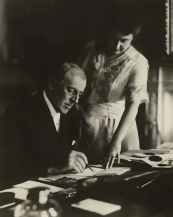 Framed Print : President Woodrow Wilson, seated at desk with his wife, Edit Framed Print : President Woodrow Wilson, seated at desk with his wife, Edit