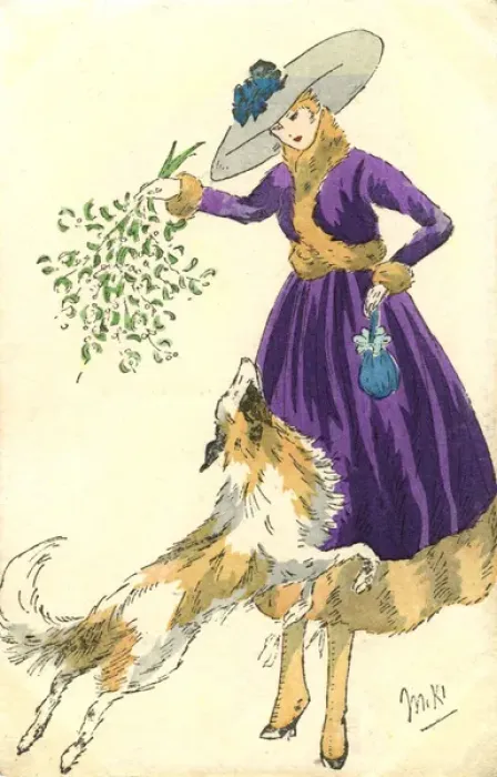 Framed Print : Pretty French lady and pet sheepdog - Christmas Mistletoe Framed Print : Pretty French lady and pet sheepdog - Christmas Mistletoe