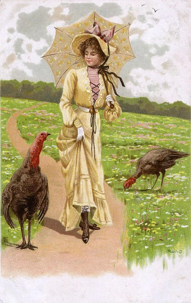 Pretty girl walking along a rural path with two turkeys
