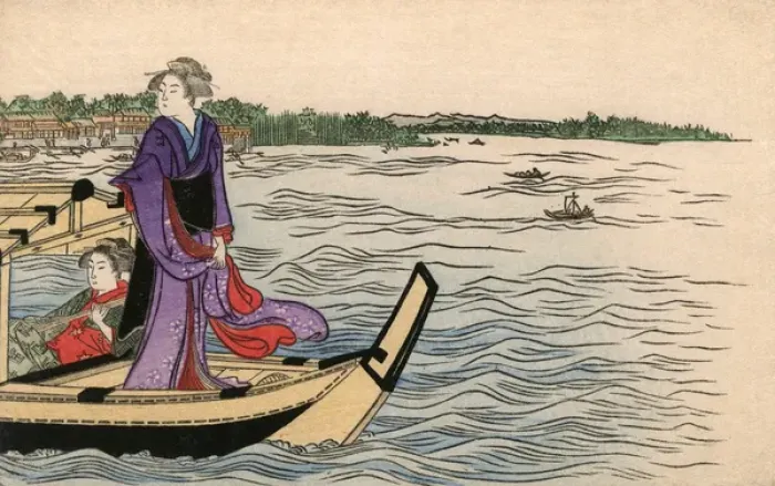 Framed Print : Two pretty Japanese women on a riverboat Framed Print : Two pretty Japanese women on a riverboat