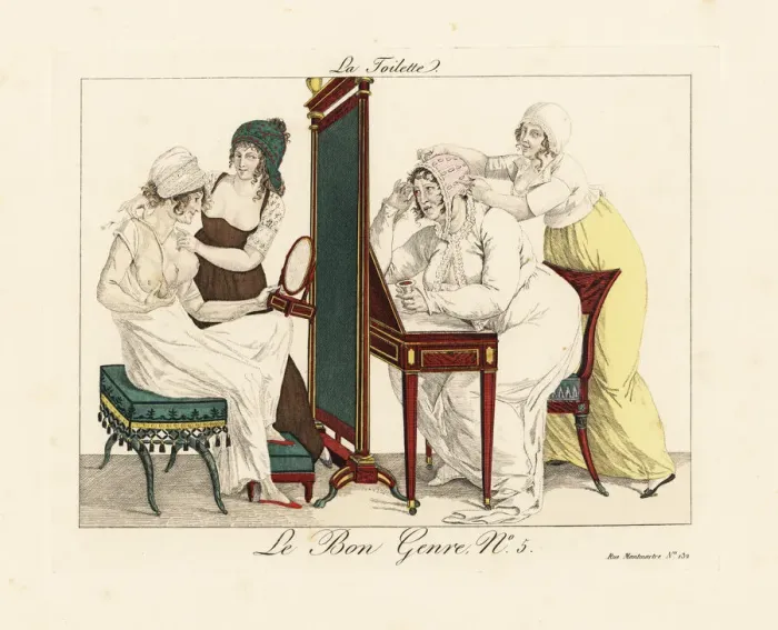 Framed Print : Two pretty maids helping to dress two old crones Framed Print : Two pretty maids helping to dress two old crones