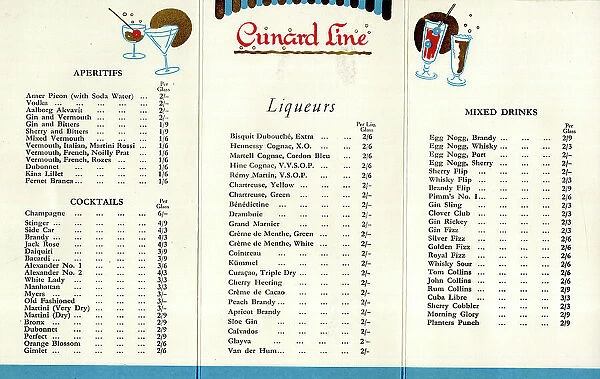 Price list, drinks on board Cunard liner RMS Mauretania