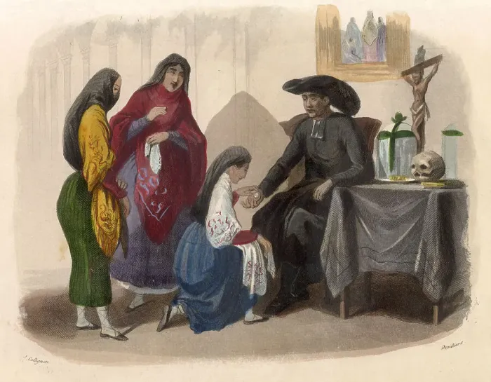 Framed Print : A priest of Lima, Peru, graciously accepts a gift of money from a pious lady Date: circa 1850 Framed Print : A priest of Lima, Peru, graciously accepts a gift of money from a pious lady Date: circa 1850