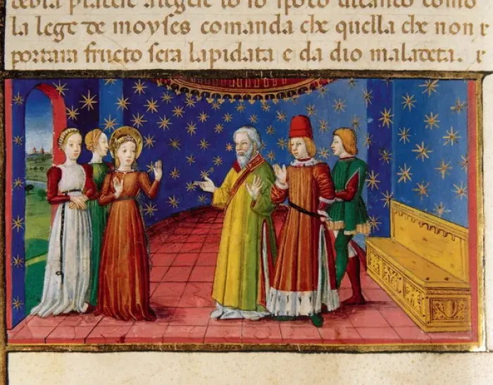 Framed Print : Priests are convincing Mary to marry. Codex of Predis (1476) Framed Print : Priests are convincing Mary to marry. Codex of Predis (1476)