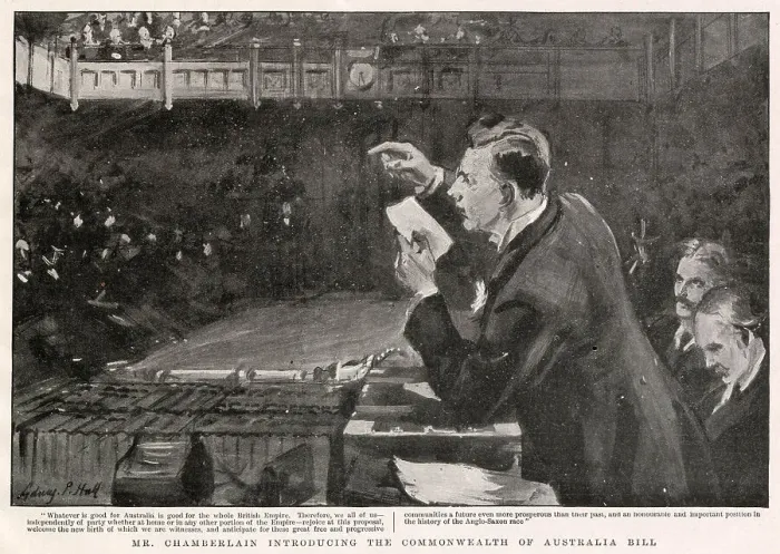 Framed Print : Prime Minister, Joseph Chamberlain in the House of Commons, introducing the Commonwealth of Australia Bill. The Bill which installed for Australia, under one Government, common postal telegraphic and railway services, a common customs tariff Framed Print : Prime Minister, Joseph Chamberlain in the House of Commons, introducing the Commonwealth of Australia Bill. The Bill which installed for Australia, under one Government, common postal telegraphic and railway services, a common customs tariff