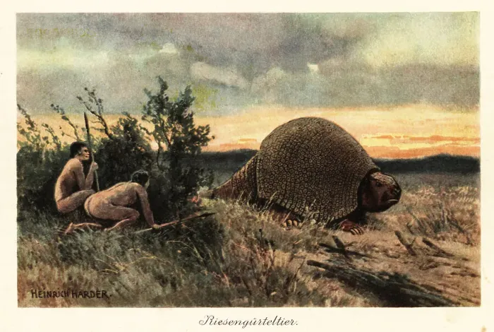 Framed Print : Primitive men with spears hunting a glyptodon Framed Print : Primitive men with spears hunting a glyptodon