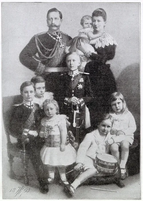 Framed Print : Prince Friedrich Wilhelm of Prussia (later Wilhelm II, German Emperor) with his wife Augusta Victoria of Schleswig-Holstein and their seven children. Painted by order of the Emperor for Queen Victoria's Birthday. Date: 1893 Framed Print : Prince Friedrich Wilhelm of Prussia (later Wilhelm II, German Emperor) with his wife Augusta Victoria of Schleswig-Holstein and their seven children. Painted by order of the Emperor for Queen Victoria's Birthday. Date: 1893