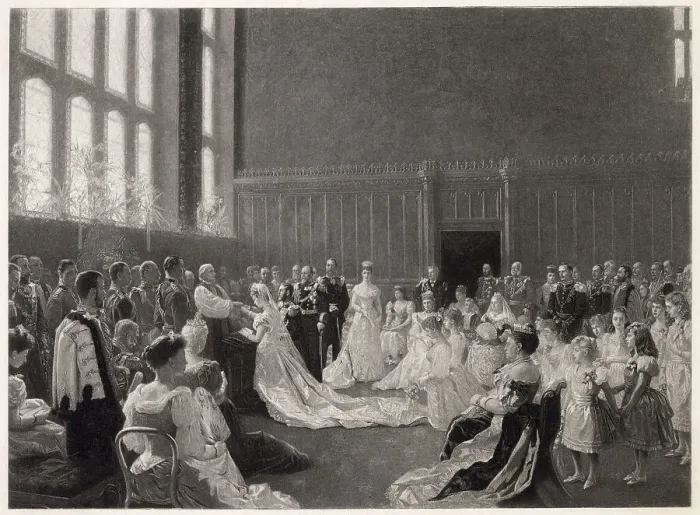 Framed Print : Prince George married Princess Mary of Teck in the Chapel Royal, St. James's Palace, London, with ten bridesmaids, granddaughters and a great granddaughter of the Queen Victoria. Date: 6th July 1893 Framed Print : Prince George married Princess Mary of Teck in the Chapel Royal, St. James's Palace, London, with ten bridesmaids, granddaughters and a great granddaughter of the Queen Victoria. Date: 6th July 1893
