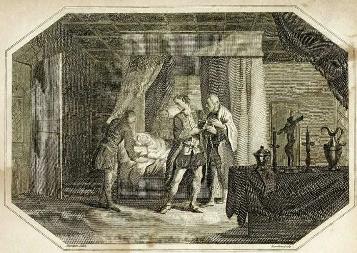 Framed Print : Prince Henry removing the crown from his father's pillow Framed Print : Prince Henry removing the crown from his father's pillow