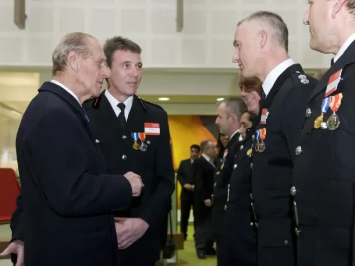 Framed Print : Prince Philip at new London Fire Brigade HQ Framed Print : Prince Philip at new London Fire Brigade HQ