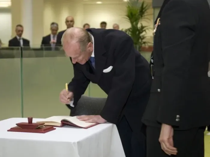Framed Print : Prince Philip signing a register at the new LFB HQ Framed Print : Prince Philip signing a register at the new LFB HQ
