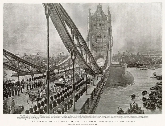 Framed Print : The Prince and Princess of Wales (later Edward VII and Alexandra of Denmark) going over the bridge, round on the south side of the river and down back again by the southern approach and returned over the bridge in the same order Framed Print : The Prince and Princess of Wales (later Edward VII and Alexandra of Denmark) going over the bridge, round on the south side of the river and down back again by the southern approach and returned over the bridge in the same order