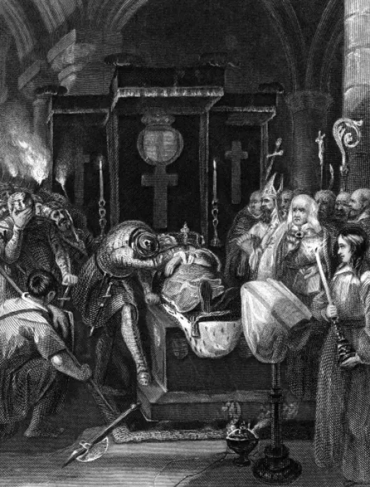 Framed Print : Prince Richard grieves at his fathers funeral bier Framed Print : Prince Richard grieves at his fathers funeral bier