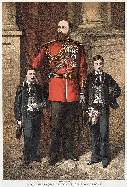 Prince of Wales (later Edward VII) (1841 - 1910), with his two eldest sons who were young sailors, Prince George, (left) and Prince Albert Victor (right)