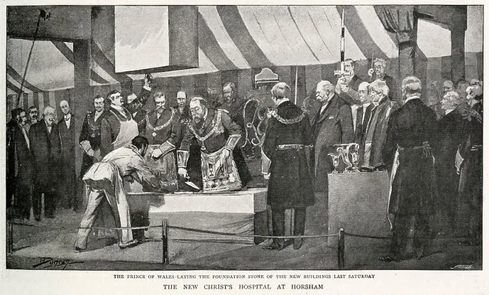 Framed Print : The Prince of Wales (later Edward VII) laying the foundation stone of the new Christ's Hospital buildings at Stammersham near Horsham, with full Masonic ceremonial. Date: 1897 Framed Print : The Prince of Wales (later Edward VII) laying the foundation stone of the new Christ's Hospital buildings at Stammersham near Horsham, with full Masonic ceremonial. Date: 1897