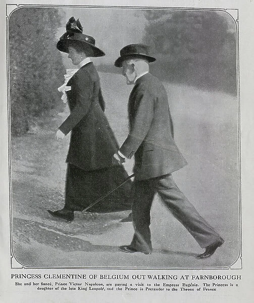 Princess Clementine of Belgium (1872-1955) with fiance, Prince Victor Napoleon (1862-1926), outdoor reportage photograph whilst visiting Empress Eugenie. Front cover, captioned Princess Clementine and fiance out walking at Farnborough