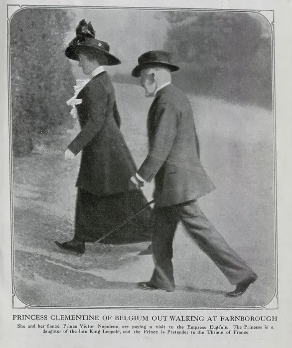 Framed Print : Princess Clementine of Belgium (1872-1955) with fiance, Prince Victor Napoleon (1862-1926), outdoor reportage photograph whilst visiting Empress Eugenie. Front cover, captioned Princess Clementine and fiance out walking at Farnborough