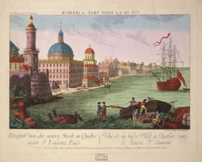 Framed Print : Print shows the harbor at Quebec, one ship at anchor, men wo Framed Print : Print shows the harbor at Quebec, one ship at anchor, men wo