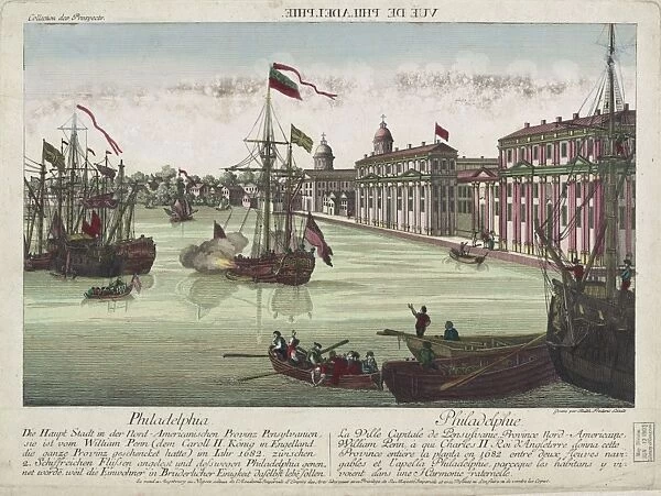 Print shows men in boats and ships along the waterfront in P