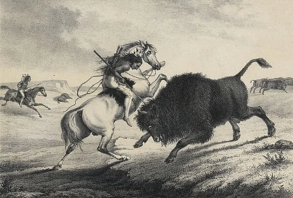 Print speciman of American Indian man on horseback killing b
